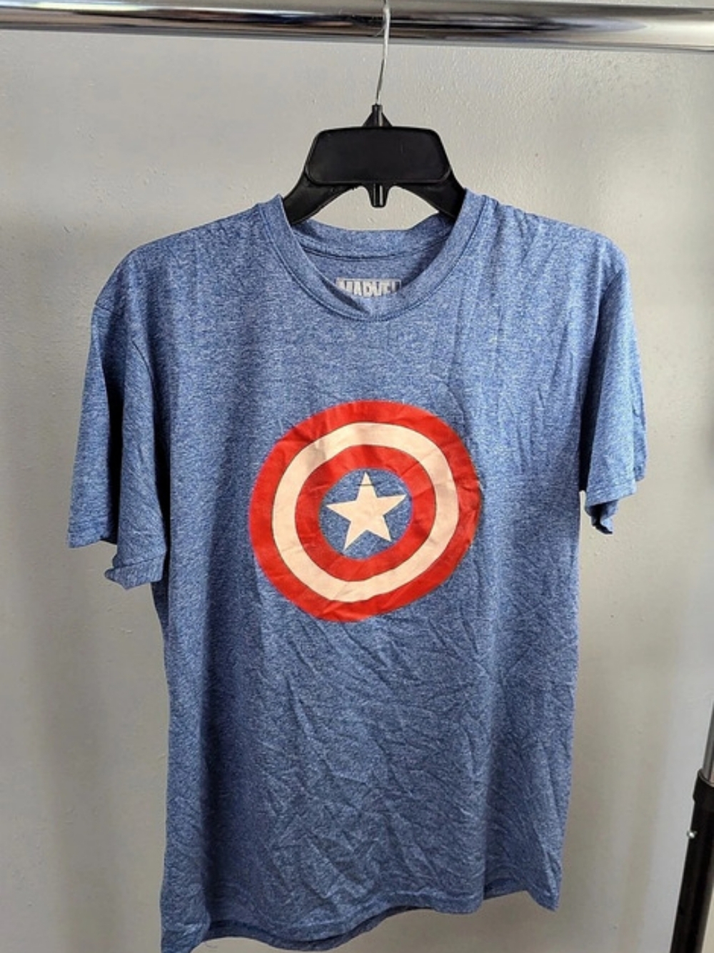 Marvel Captain America Shield Heather Blue T-Shirt Graphic Tee Blue & Red Medium